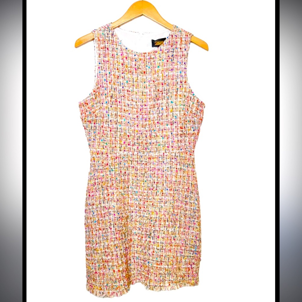 Alexia Admor Textured Multicolor Metallic  Tweed Fringe Hem Sheath Dress Size 8